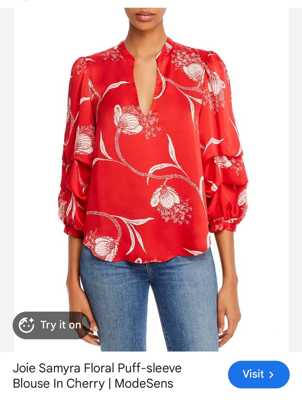 Joie Samyra Floral V-Neck Puff Sleeve Satin Blouse - Picture 2 of 10